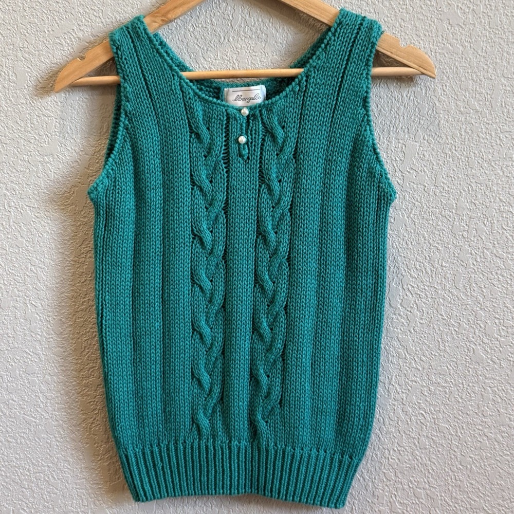 Teal Cable Rib Knit Tank Pearl Buttons VTG Margules Size S Natural Fibers